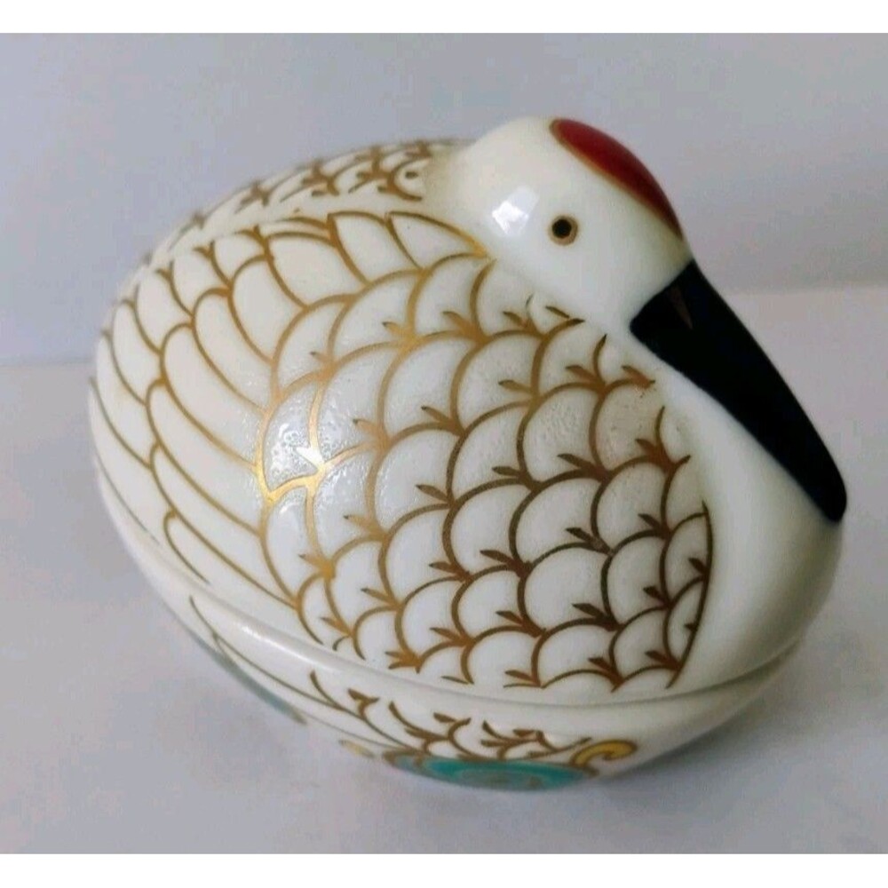 Vintage Arita Ware Porcelain Crane Trinket Box Kouraku Kiln Japan Incense Kogo
